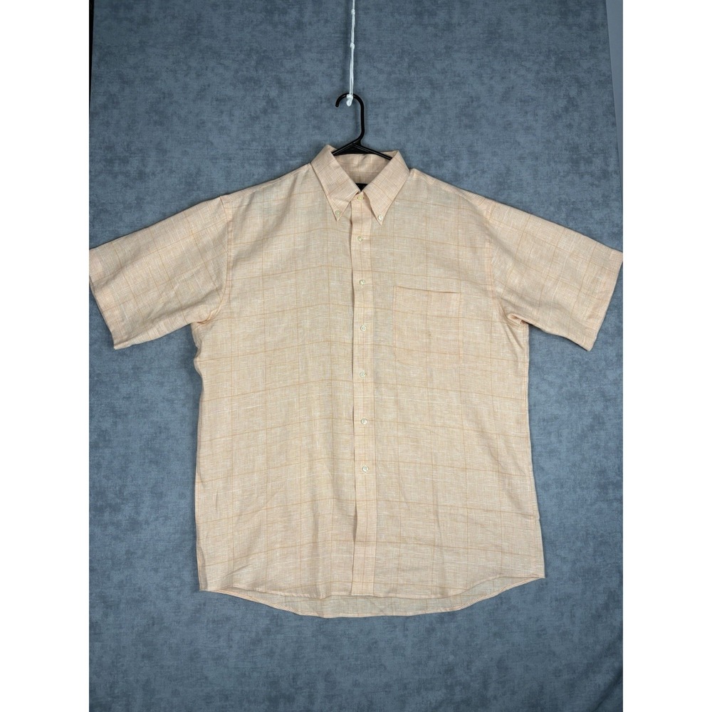 Vintage Jos A Bank Travelers Linen Shirt Mens L Orange Plaid Short S Hong Kong
